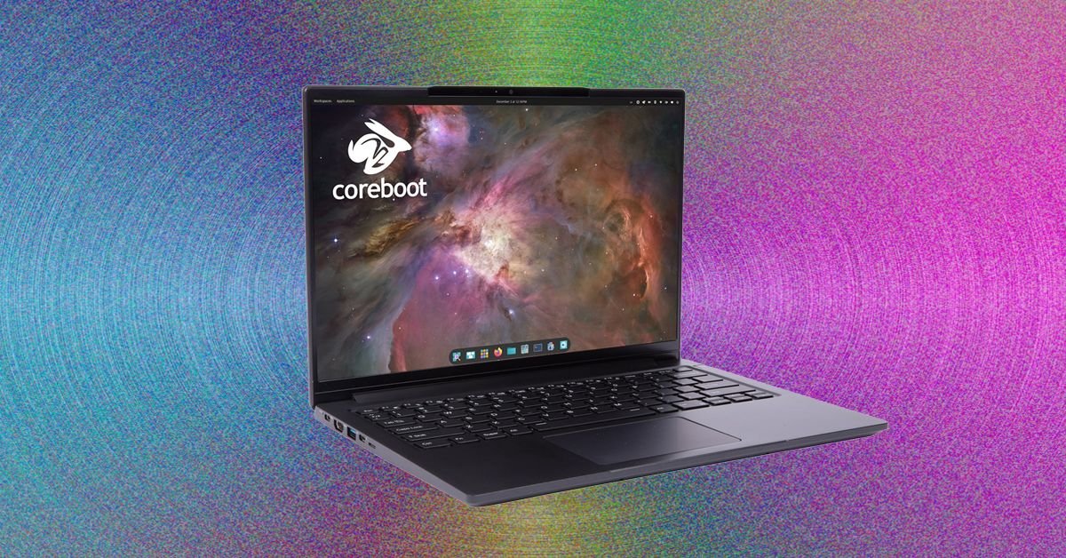 A sleek, modern laptop displaying a Linux desktop environment.