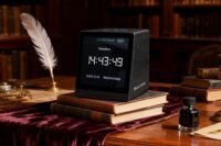 A Magicminer MO01 desktop terminal displaying cryptocurrency market data and charging a smartphone.