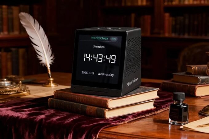 A Magicminer MO01 desktop terminal displaying cryptocurrency market data and charging a smartphone.