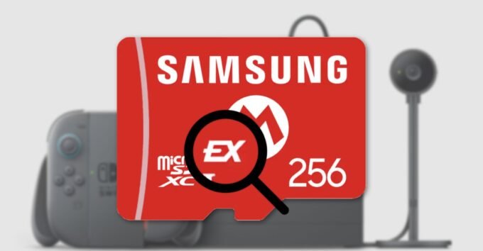 A close-up image of a microSD Express card, clearly showing the 'EX' emblem, next to a Nintendo Switch 2 console.