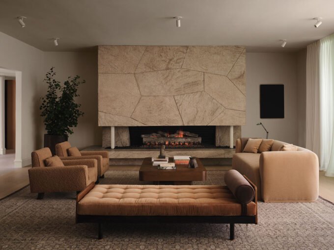 A stunning exterior view of the Studio OSKLO Trousdale Estate, showcasing its Mid-Century Modern architecture and lush Japanese garden.