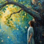 A person observing a vibrant green leaf in a park, with soft sunlight filtering through trees, symbolizing mindful presence in nature.