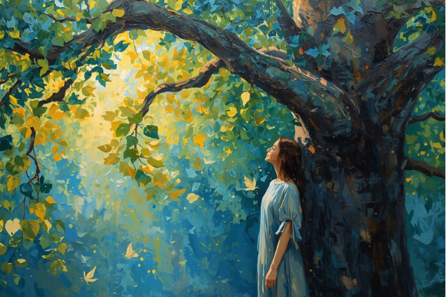 A person observing a vibrant green leaf in a park, with soft sunlight filtering through trees, symbolizing mindful presence in nature.