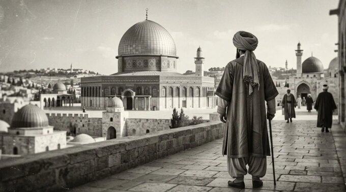 Portrait stylisé d'un savant musulman du 18ème siècle, avec un turban et des livres anciens, symbolisant Mohammed Al-Taflati, le mufti marocain d'Al-Qods.