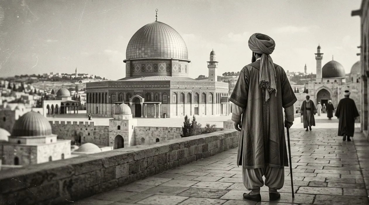 Portrait stylisé d'un savant musulman du 18ème siècle, avec un turban et des livres anciens, symbolisant Mohammed Al-Taflati, le mufti marocain d'Al-Qods.