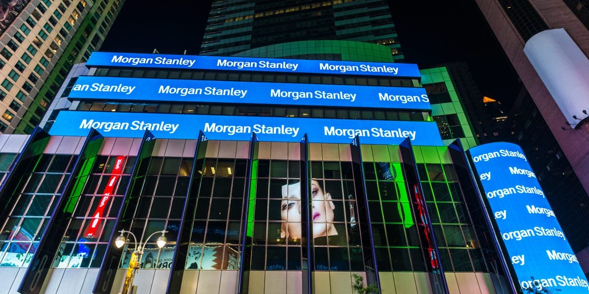 Morgan Stanley headquarters building with company logo against a city skyline.