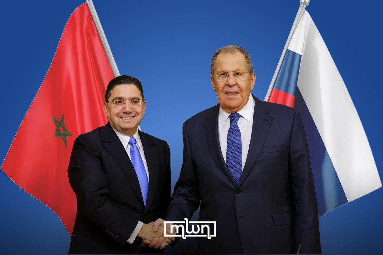 Morocco's Foreign Minister Nasser Bourita and Russian Foreign Minister Sergey Lavrov in a diplomatic setting, symbolizing strong bilateral relations.