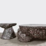 Plote Side Table and Prov Coffee Table by Sumer Singh, showcasing Neo-Scagliola technique with recycled materials.