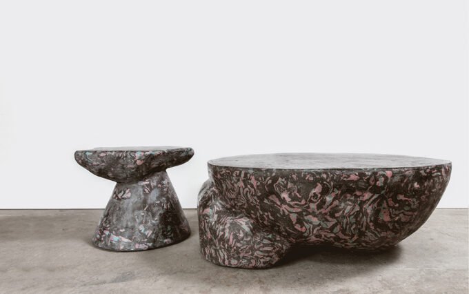 Plote Side Table and Prov Coffee Table by Sumer Singh, showcasing Neo-Scagliola technique with recycled materials.