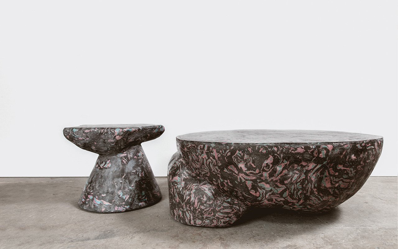 Plote Side Table and Prov Coffee Table by Sumer Singh, showcasing Neo-Scagliola technique with recycled materials.