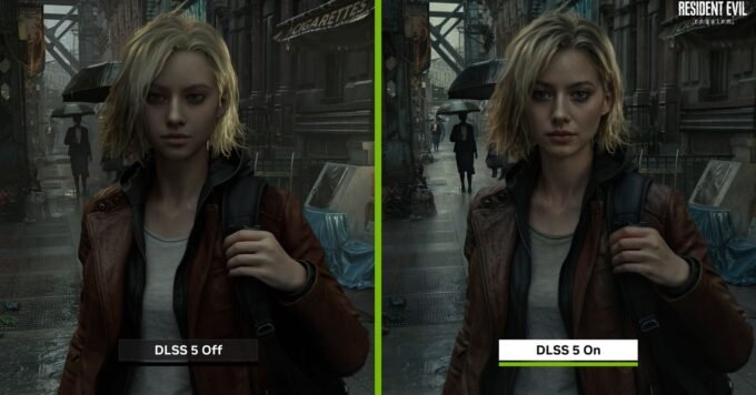 Gaming's New Frontier or 'AI Slop'? The Battle Over Nvidia's DLSS 5 7 A graphic illustrating Nvidia's DLSS 5 technology enhancing a character's face in a video game, surrounded by dissenting gamer and developer icons.