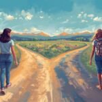 Two friends walking away from each other on diverging paths, symbolizing the evolution and outgrowing of a friendship.