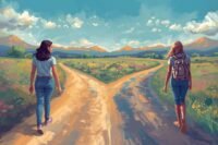 Two friends walking away from each other on diverging paths, symbolizing the evolution and outgrowing of a friendship.