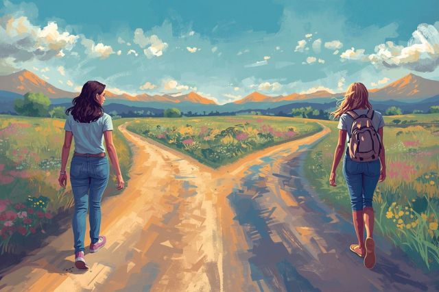 Two friends walking away from each other on diverging paths, symbolizing the evolution and outgrowing of a friendship.