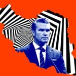 Defense Secretary Pete Hegseth at a Pentagon press briefing, addressing a room of journalists with a stern expression.