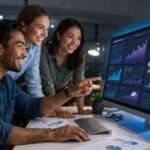 Illustration of a digital dashboard showing performance metrics and employee profiles, symbolizing modern performance management software in action.