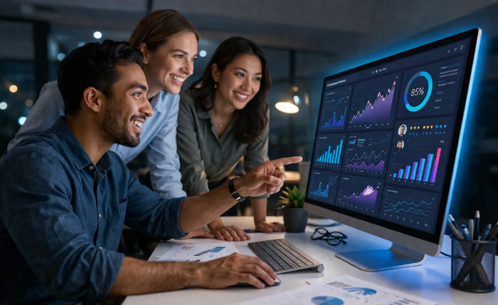 Illustration of a digital dashboard showing performance metrics and employee profiles, symbolizing modern performance management software in action.