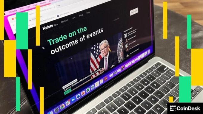 Illustration of a crystal ball or a stock chart with company logos of Kalshi and Polymarket, symbolizing prediction markets and high valuations.