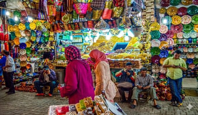 Ramadan : un pic de consommation qui pèse sur l’épargne des ménages 7 Table de repas richement garnie pour l'Iftar pendant le Ramadan, avec des plats traditionnels marocains et des fruits, symbolisant l'abondance et la convivialité.