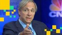 Ray Dalio speaking, with digital representations of Bitcoin and gold coins in the background, symbolizing the debate over safe-haven assets.