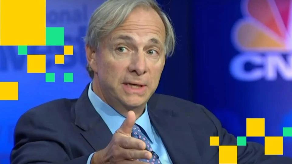 Ray Dalio speaking, with digital representations of Bitcoin and gold coins in the background, symbolizing the debate over safe-haven assets.
