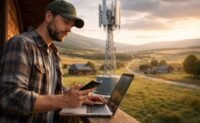 A person working on a laptop in a picturesque rural setting, connected to the internet.