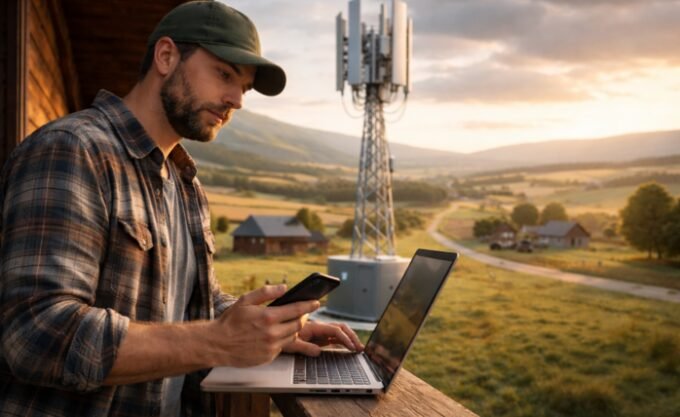 A person working on a laptop in a picturesque rural setting, connected to the internet.