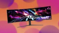 Samsung 57-inch Odyssey Neo G9 curved gaming monitor displaying vibrant graphics