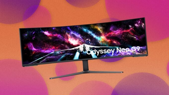 Samsung 57-inch Odyssey Neo G9 curved gaming monitor displaying vibrant graphics