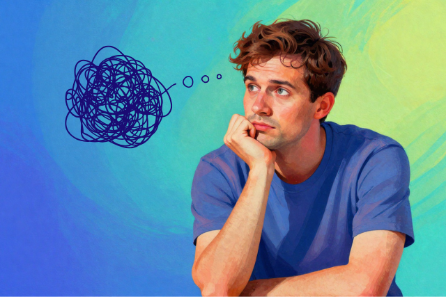 A person in a calm, reflective pose, perhaps meditating, with a clear and serene expression, symbolizing peace beyond overthinking.