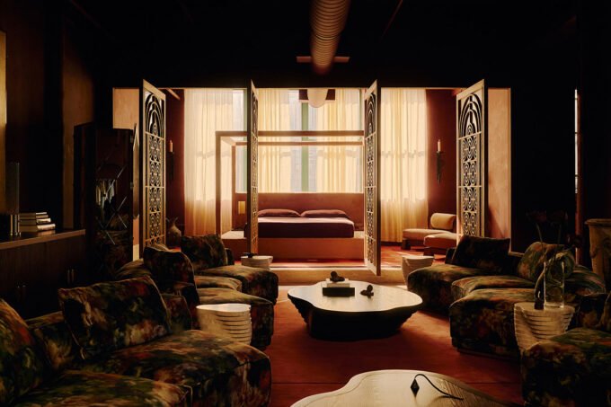 Sixpenny's Dumbo showroom featuring Wild Air print furniture and Art Deco inspired interior