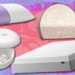A composite image showing a mattress, sleep earbuds, a smart alarm clock, and a pillow, representing sleep week deals.