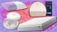 A composite image showing a mattress, sleep earbuds, a smart alarm clock, and a pillow, representing sleep week deals.