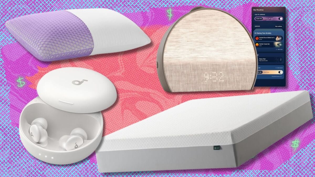 A composite image showing a mattress, sleep earbuds, a smart alarm clock, and a pillow, representing sleep week deals.