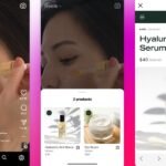 An influencer holding a smartphone displaying Instagram, with product tags and shopping cart icons, symbolizing social commerce and affiliate earnings.