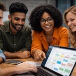 Navigating Growth: Strategic Tool Selection for Scaling Startups 4 A diverse team of startup employees collaborating efficiently with various digital tools displayed on screens, symbolizing organized growth and effective system implementation.