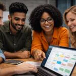 Navigating Growth: Strategic Tool Selection for Scaling Startups 6 A diverse team of startup employees collaborating efficiently with various digital tools displayed on screens, symbolizing organized growth and effective system implementation.