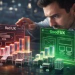 Frustrated user interacting with a poorly designed startup product interface, symbolizing bad UX impact on growth.