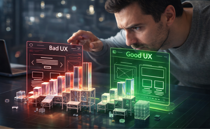 The Silent Assassin: Why Bad UX is the Undetected Killer of Startup Growth in 2026 3 Frustrated user interacting with a poorly designed startup product interface, symbolizing bad UX impact on growth.