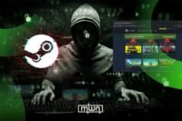 FBI logo superimposed on a Steam game library interface, symbolizing a cybersecurity investigation into gaming platforms.