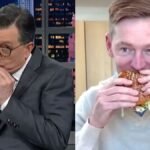 Stephen Colbert reacting to McDonald's CEO Chris Kempczinski taking a small bite of a burger.