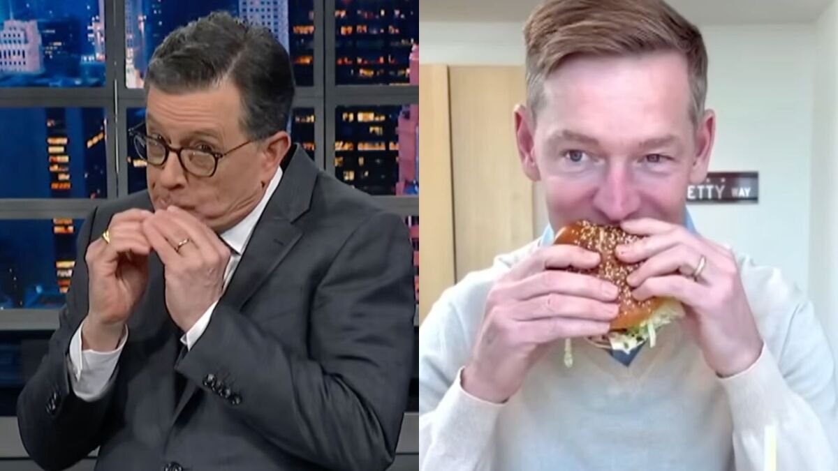 Stephen Colbert reacting to McDonald's CEO Chris Kempczinski taking a small bite of a burger.