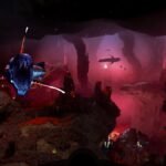 Underwater scene from Subnautica 2 featuring alien flora and fauna, hinting at exploration and survival.