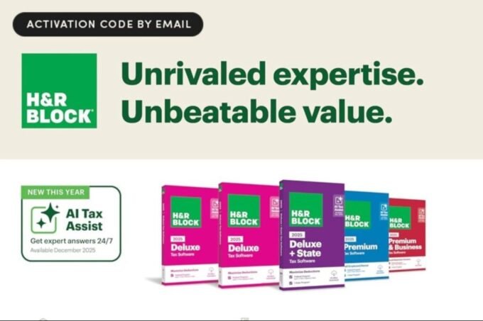 Tax Season Simplified: H&R Block 2025 for Savvy Entrepreneurs 12 H&R Block Tax Software Deluxe and State 2025 box art with a laptop, representing easy tax filing for entrepreneurs.