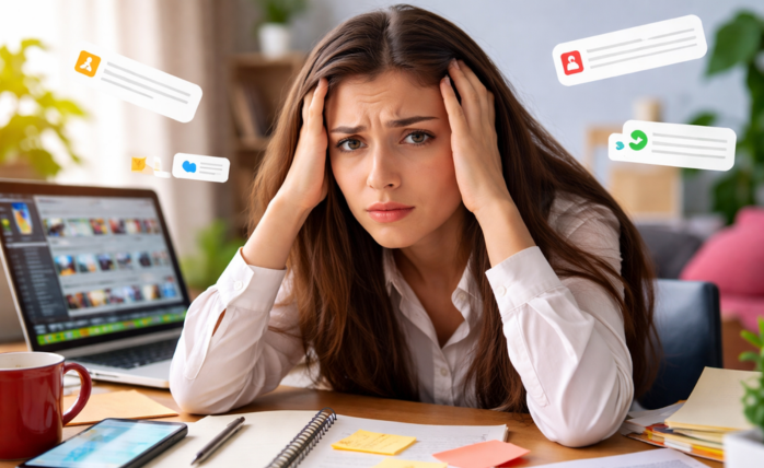 Unmasking the Productivity Killers: Four Tech Traps You're Falling Into 3 Person looking frustrated at a cluttered computer screen with many open applications and notification pop-ups.