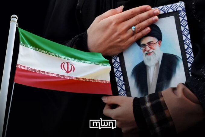 Iranian flag alongside hands holding a portrait of Supreme Leader Ali Khamenei, symbolizing the regime's authoritarian rule and its impact on the nation.
