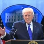 President Donald Trump delivering a statement, symbolizing a federal directive regarding AI technology.