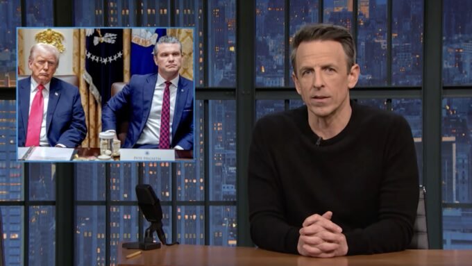 Seth Meyers on Late Night, discussing political rhetoric surrounding the US-Iran conflict.