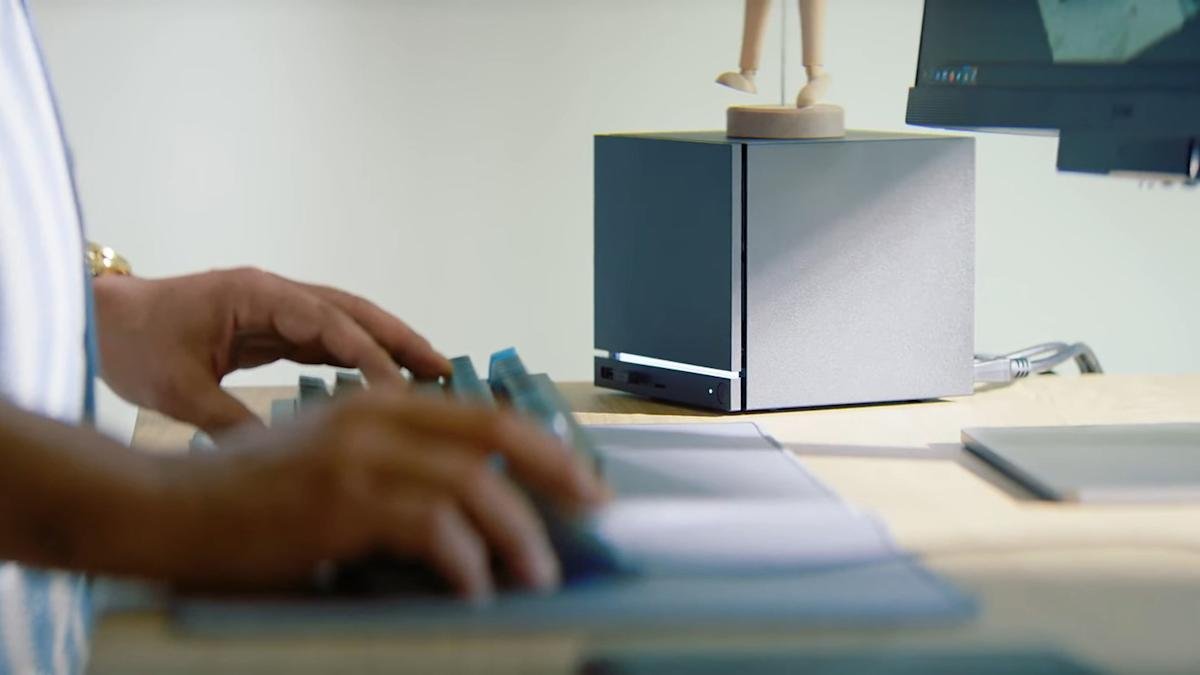 Render of a Steam Machine, Steam Controller, and Steam Frame with Valve logo