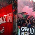 Vue aérienne du Complexe Mohammed V de Casablanca lors d'un match de football, avec des tribunes remplies de supporters et des lumières vives.